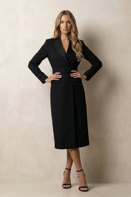 Black Peak Lapel Bodycon Midi Work Dress with Belt