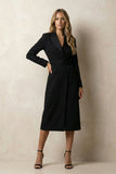 Black Peak Lapel Bodycon Midi Work Dress with Belt