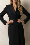 Black Peak Lapel Bodycon Midi Work Dress with Belt