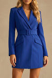 Royal Blue Peak Lapel Bodycon Short Work Dress with Pockets