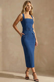 Ink Blue Thick Straps Bodycon Ankle Length Work Dress with Belt