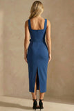 Ink Blue Thick Straps Bodycon Ankle Length Work Dress with Belt