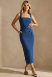 Ink Blue Thick Straps Bodycon Ankle Length Work Dress with Belt