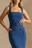 Ink Blue Thick Straps Bodycon Ankle Length Work Dress with Belt