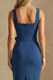 Ink Blue Thick Straps Bodycon Ankle Length Work Dress with Belt