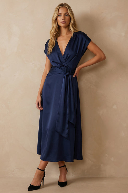 Navy Satin V Neck A Line Ankle Length Work Dress with Bow