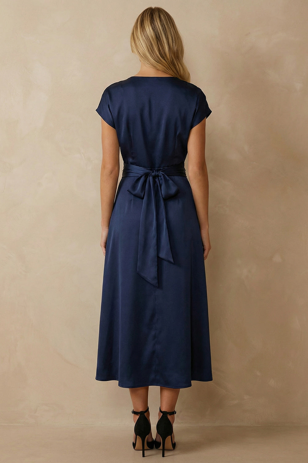 Navy Satin V Neck A Line Ankle Length Work Dress with Bow