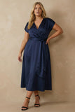 Navy Satin V Neck A Line Ankle Length Work Dress with Bow