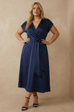 Navy Satin V Neck A Line Ankle Length Work Dress with Bow