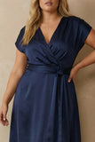 Navy Satin V Neck A Line Ankle Length Work Dress with Bow
