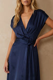 Navy Satin V Neck A Line Ankle Length Work Dress with Bow