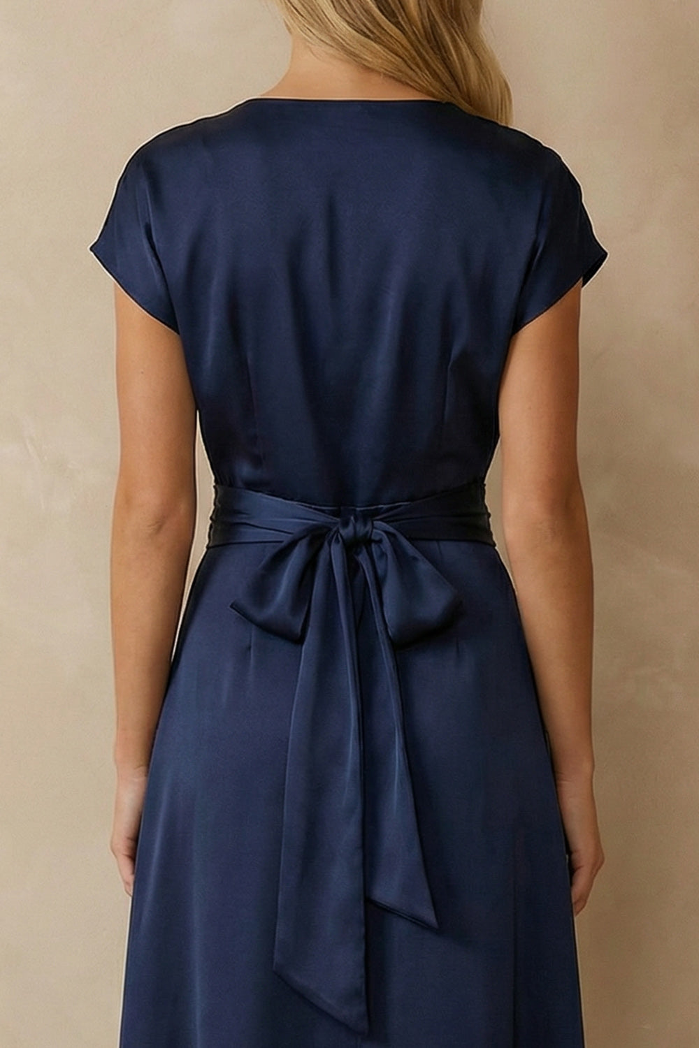 Navy Satin V Neck A Line Ankle Length Work Dress with Bow