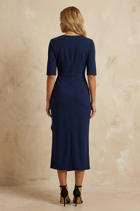 Dark Navy Ruffled Cowl Neck Pencil Ankle Length Work Dress with Slit