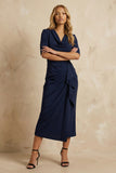 Dark Navy Ruffled Cowl Neck Pencil Ankle Length Work Dress with Slit