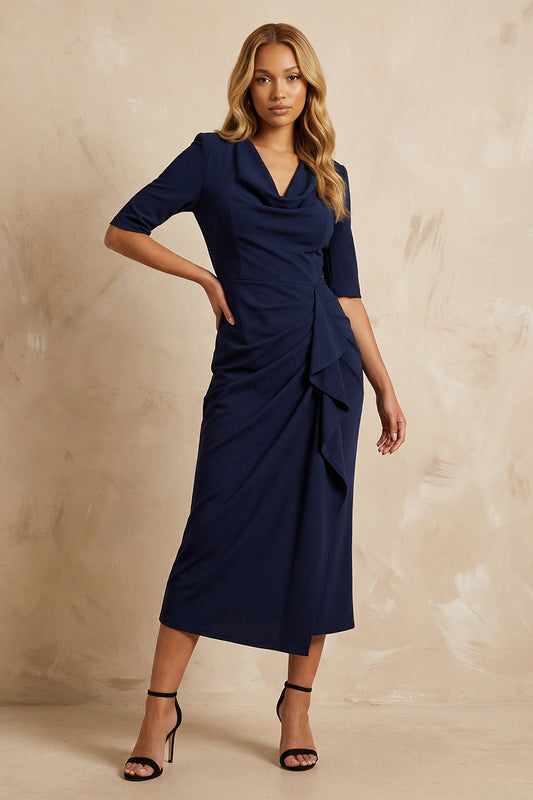 Dark Navy Ruffled Cowl Neck Pencil Ankle Length Work Dress with Slit
