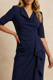 Dark Navy Ruffled Cowl Neck Pencil Ankle Length Work Dress with Slit