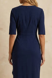 Dark Navy Ruffled Cowl Neck Pencil Ankle Length Work Dress with Slit