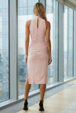 Pink High Neck Ruched Pencil Keyhole Midi Work Dress with Slit