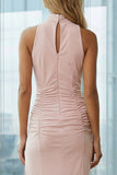 Pink High Neck Ruched Pencil Keyhole Midi Work Dress with Slit