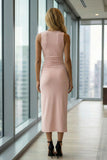 Pink Pencil Round Neck Ruched Midi Work Dress with Slit