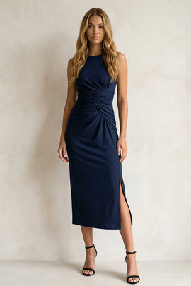 Navy Round Neck Ruched Pencil Midi Work Dress with Slit
