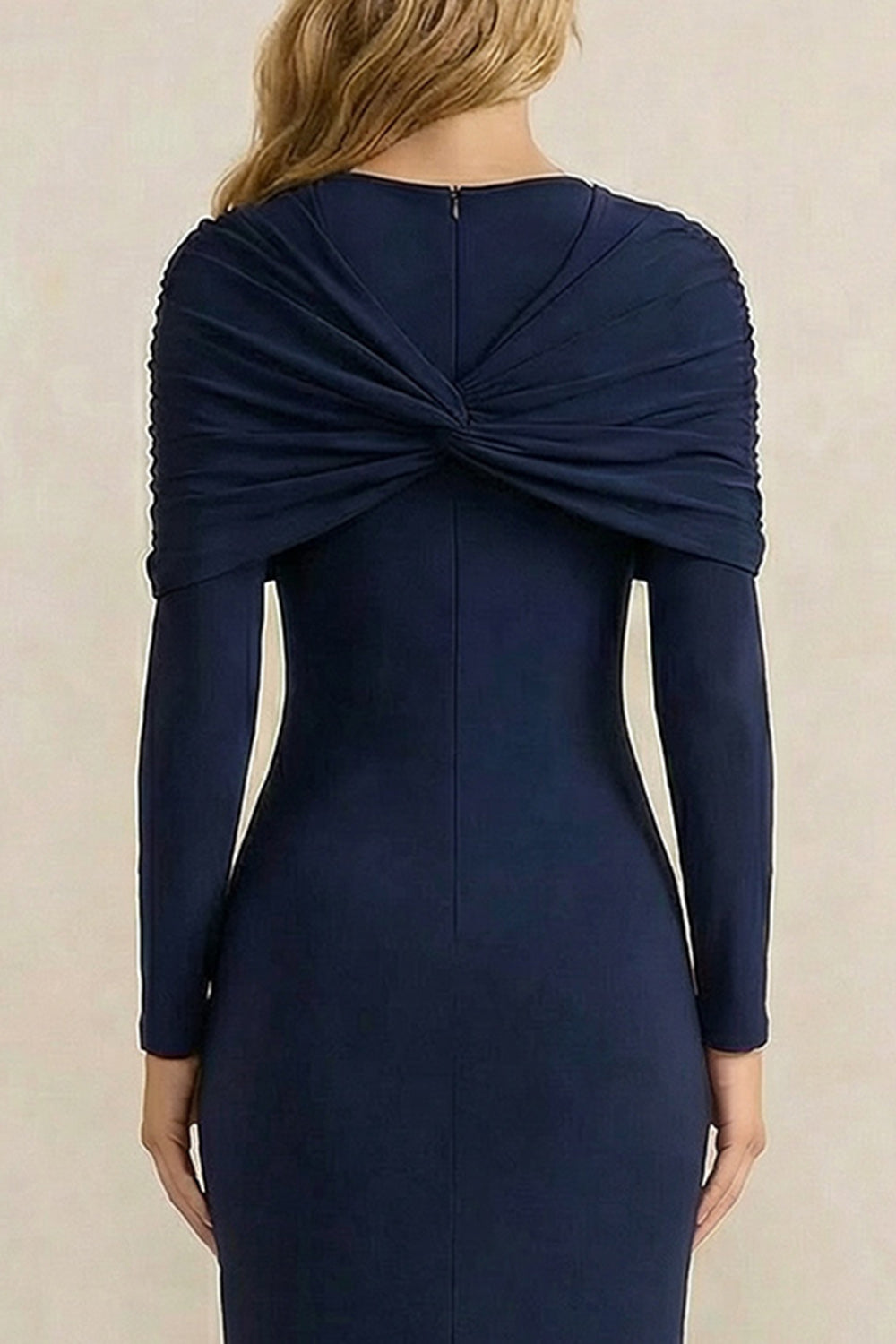 Navy Sheath Ruched Crew Neck Long Sleeves Work Dress with Slit