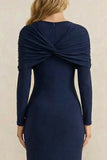 Navy Sheath Ruched Crew Neck Long Sleeves Work Dress with Slit