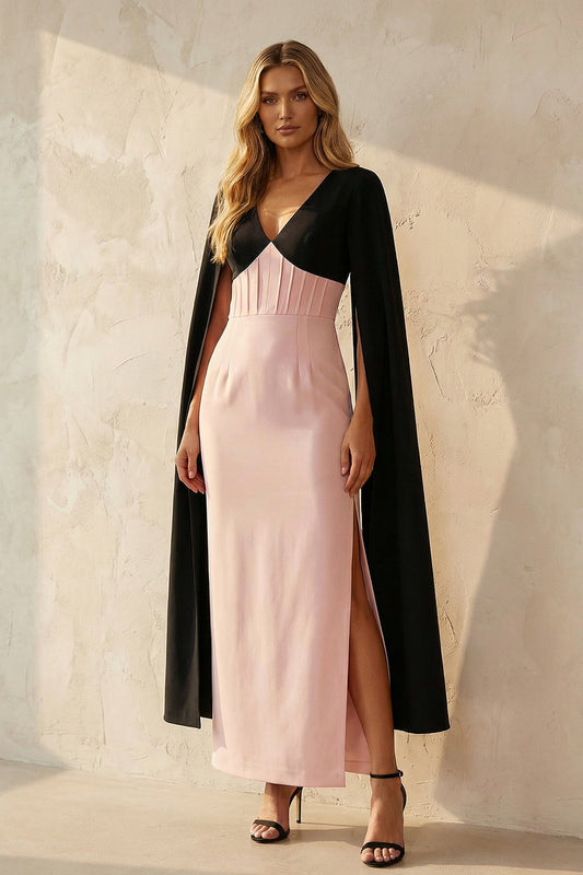 Black and Pink V-Neck Sheath Long Corset Work Dress with Slit