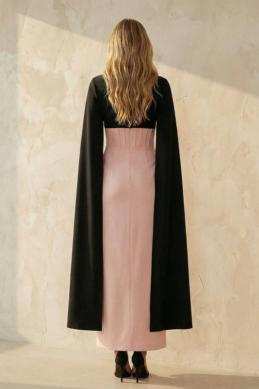Black and Pink V-Neck Sheath Long Corset Work Dress with Slit