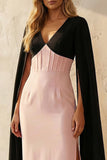 Black and Pink V-Neck Sheath Long Corset Work Dress with Slit