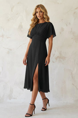 Black A Line Chiffon Pleated Short Sleeves Midi Work Dress with Slit