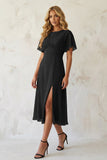 Black A Line Chiffon Pleated Short Sleeves Midi Work Dress with Slit