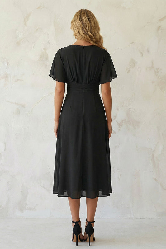 Black A Line Chiffon Pleated Short Sleeves Midi Work Dress with Slit