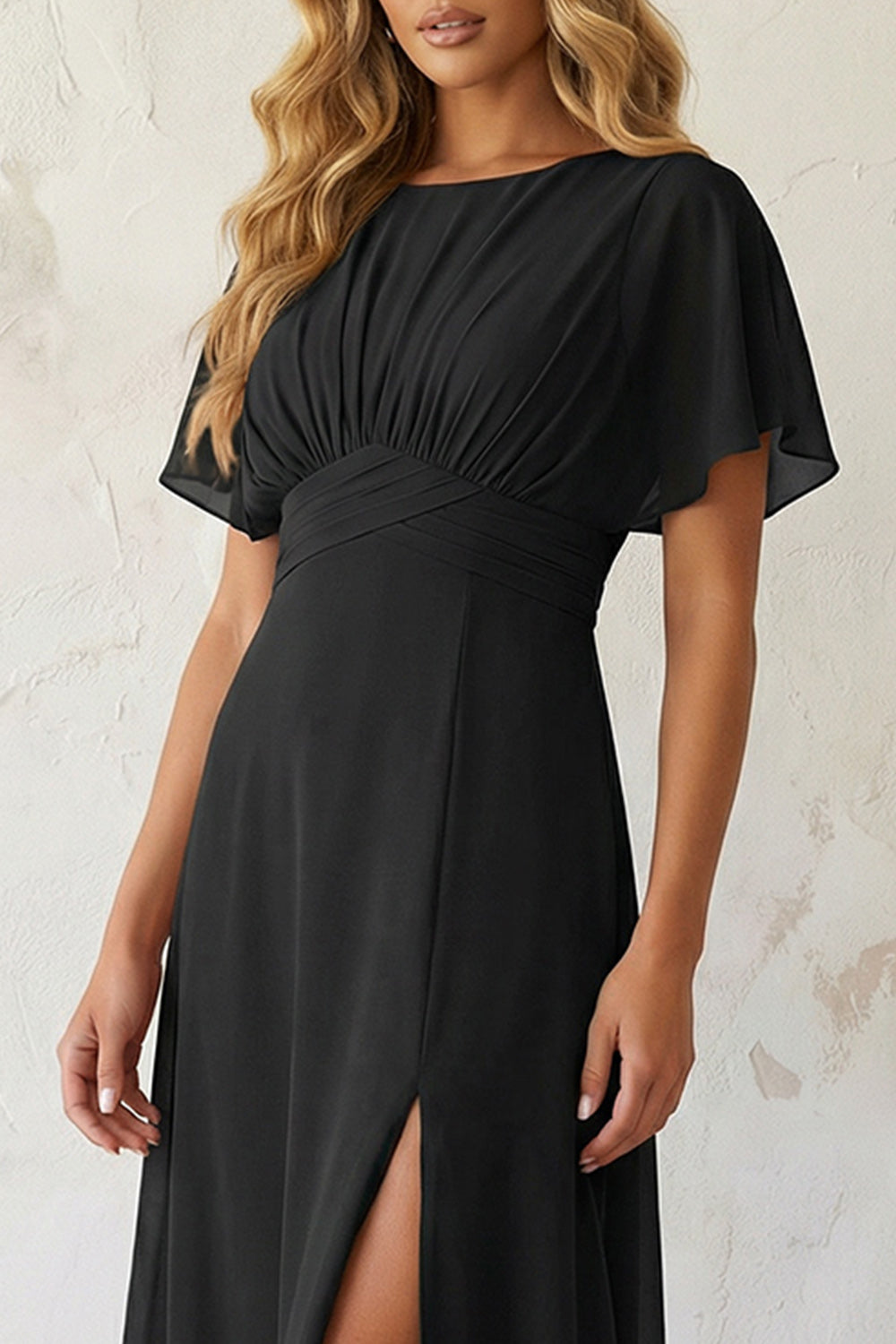 Black A Line Chiffon Pleated Short Sleeves Midi Work Dress with Slit