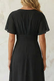 Black A Line Chiffon Pleated Short Sleeves Midi Work Dress with Slit