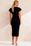Black Pencil Cap Sleeves Bateau Neck Midi Work Dress with Slit
