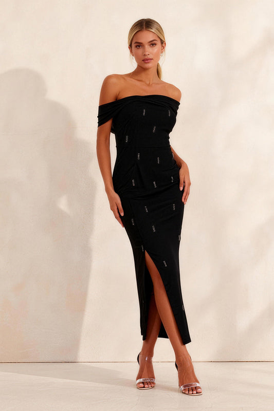Sparkly Black Off the Shoulder Sheath Long Work Dress with Slit