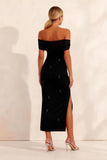 Sparkly Black Off the Shoulder Sheath Long Work Dress with Slit