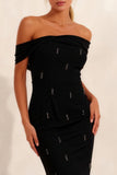 Sparkly Black Off the Shoulder Sheath Long Work Dress with Slit