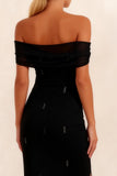 Sparkly Black Off the Shoulder Sheath Long Work Dress with Slit
