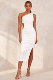 White One Shoulder Cut Out Ruched Pencil Midi Work Dress with Slit