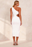 White One Shoulder Cut Out Ruched Pencil Midi Work Dress with Slit