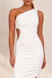 White One Shoulder Cut Out Ruched Pencil Midi Work Dress with Slit