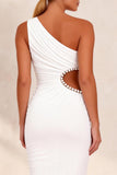 White One Shoulder Cut Out Ruched Pencil Midi Work Dress with Slit