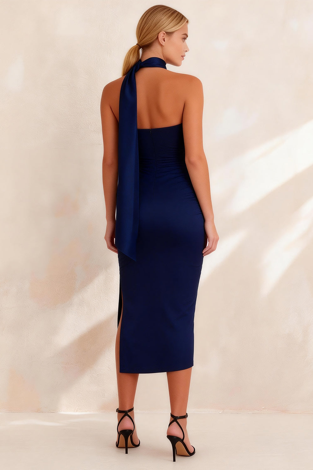 Navy Neck Scarf Pencil Ruched Midi Work Dress with Slit