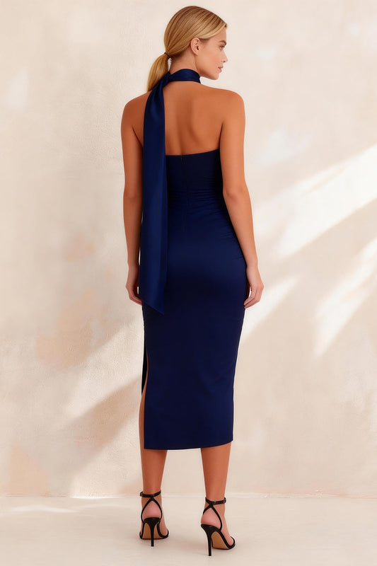 Navy Neck Scarf Pencil Ruched Midi Work Dress with Slit