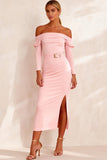 Pink Pencil Off the Shoulder Satin Midi Work Dress with Slit