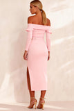 Pink Pencil Off the Shoulder Satin Midi Work Dress with Slit