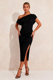 Black Pencil Ruched Asymmetrical Neck Midi Work Dress with Slit