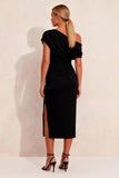 Black Pencil Ruched Asymmetrical Neck Midi Work Dress with Slit